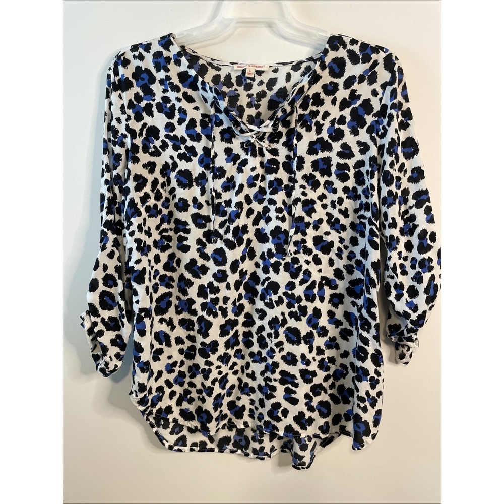 Grand & Greene Large Blue Leopard Print‎ Rayon Top 3/4 Sleeve Boho Blouse
